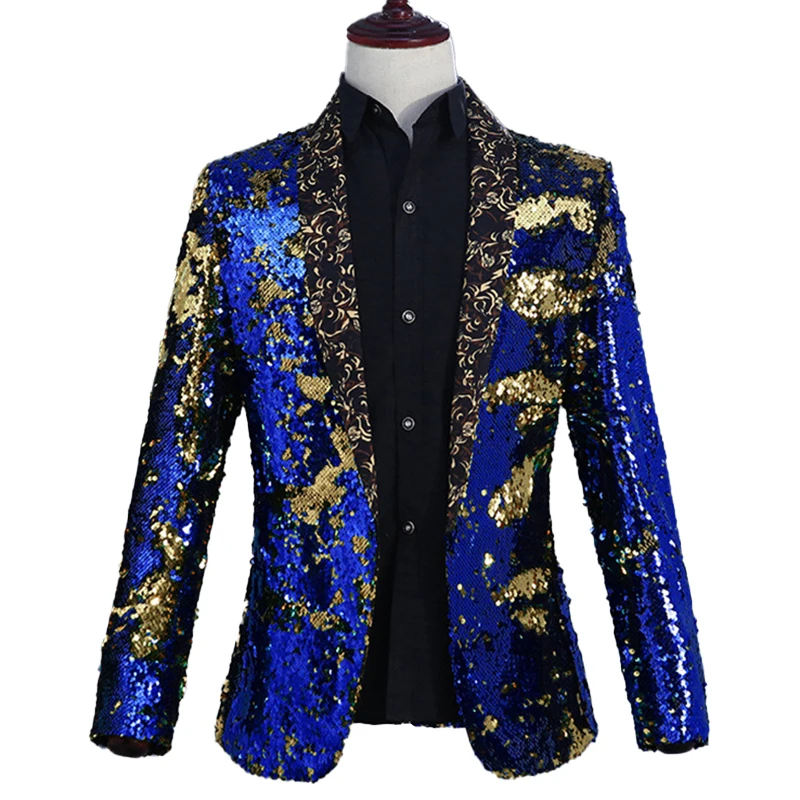 Royal Blue Sequin Blazer for Men Shiny Glitter Nightclub Prom Singer Colorful Costume Single Button Floral Lapel Suit Blazer 2XL