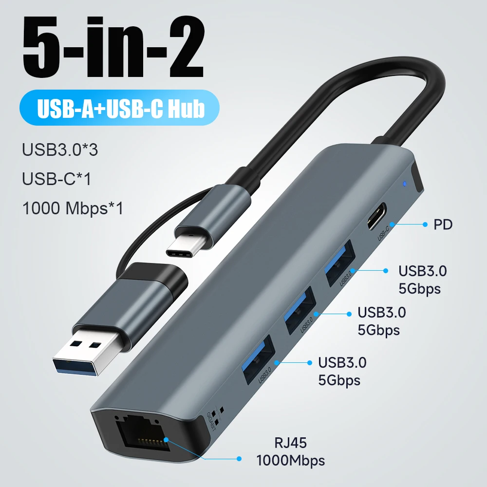 5 in 1 USB C HUB USB-C USB-A Multiport Adapter Type C USB 3.0 PD 100W Gigabit Ethernet RJ45 Docking Station for MacBook Pro