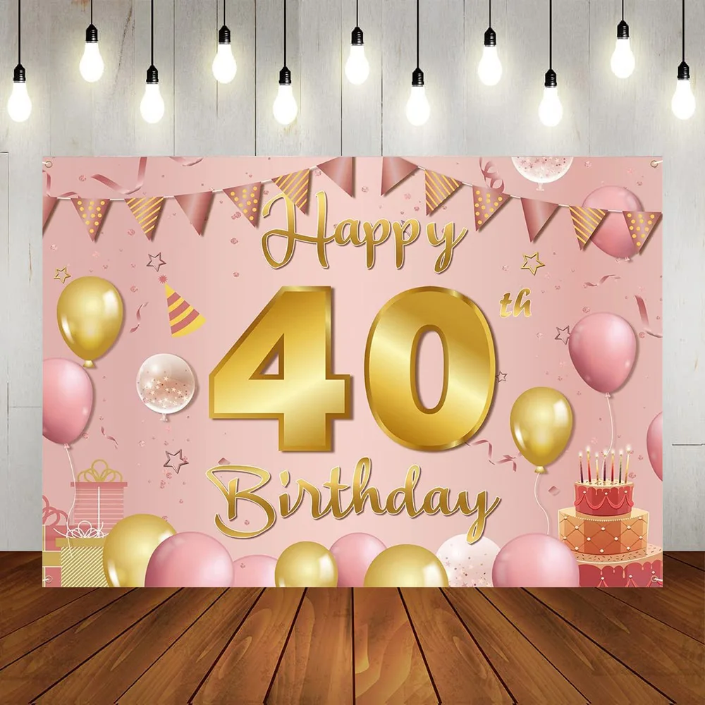 

Happy 40th Birthday Backdrop Glitter Diamonds Pink White Balloon Banner Rose Decorations Women Anniversary Photo Backdrop Poster