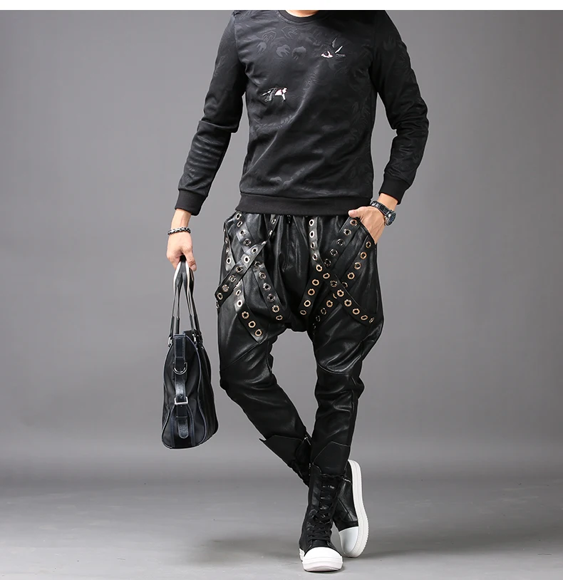 Korean Motorcycle Leather Pants Men's Fashion Tight Youth Harem Pants Men Slim Autumn Winter Rivets PU Joggers Singer Trousers