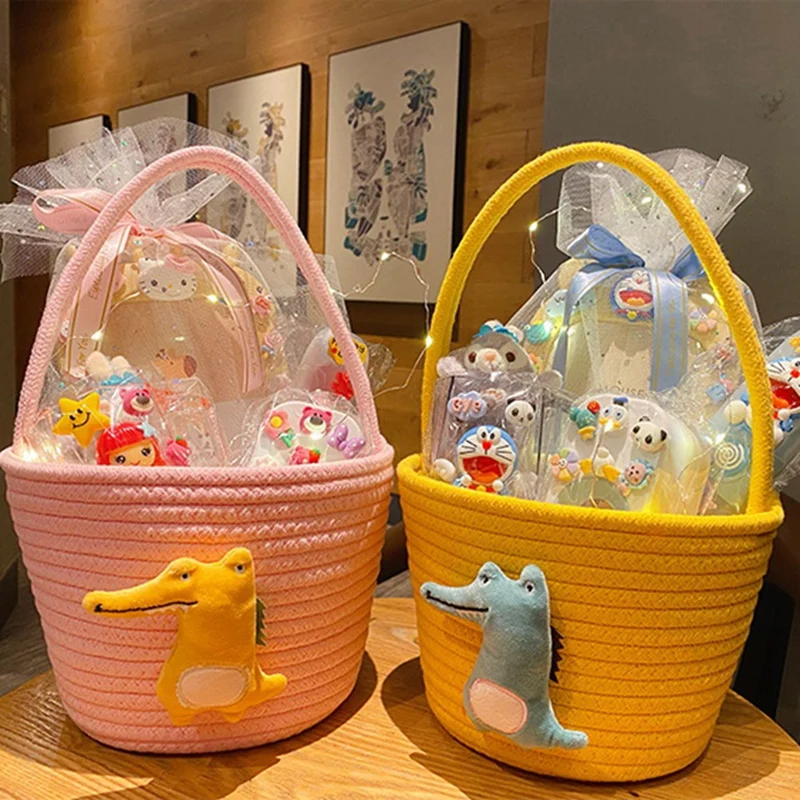 

Cartoon Storage Basket Gift Hamper Cotton Rope Woven Basket Hand-Held Gift Basket Kawaii Alligator Present Home Decor