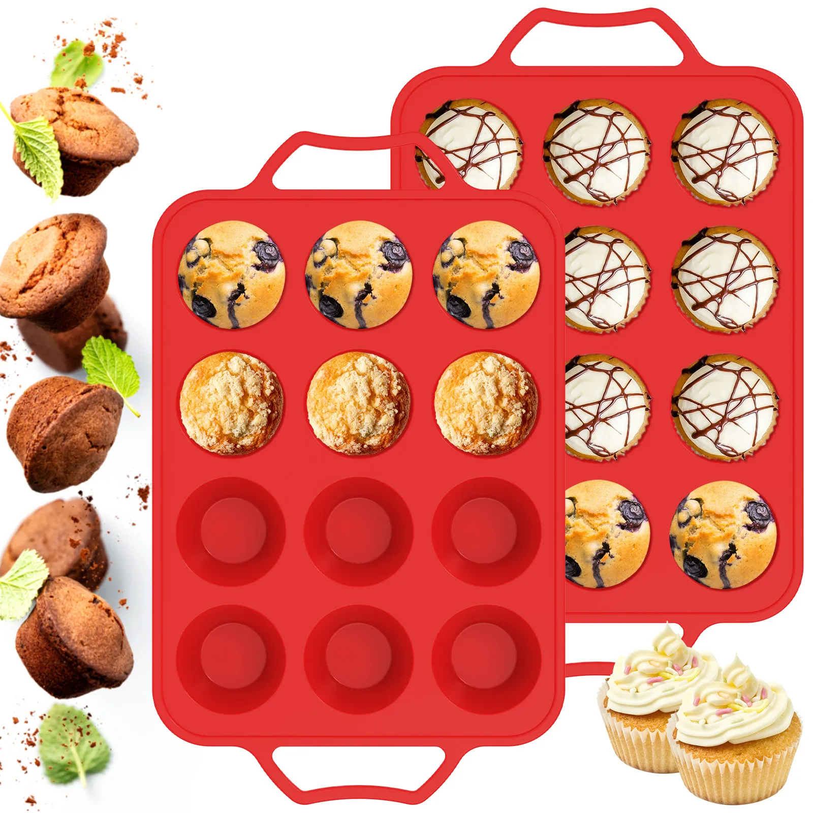 

2Pcs Silicone Muffin Pan 12-Cavity Baking Tray Non-Stick Muffin Baking Mold with Reinforced Stainless Steel Frame Inside