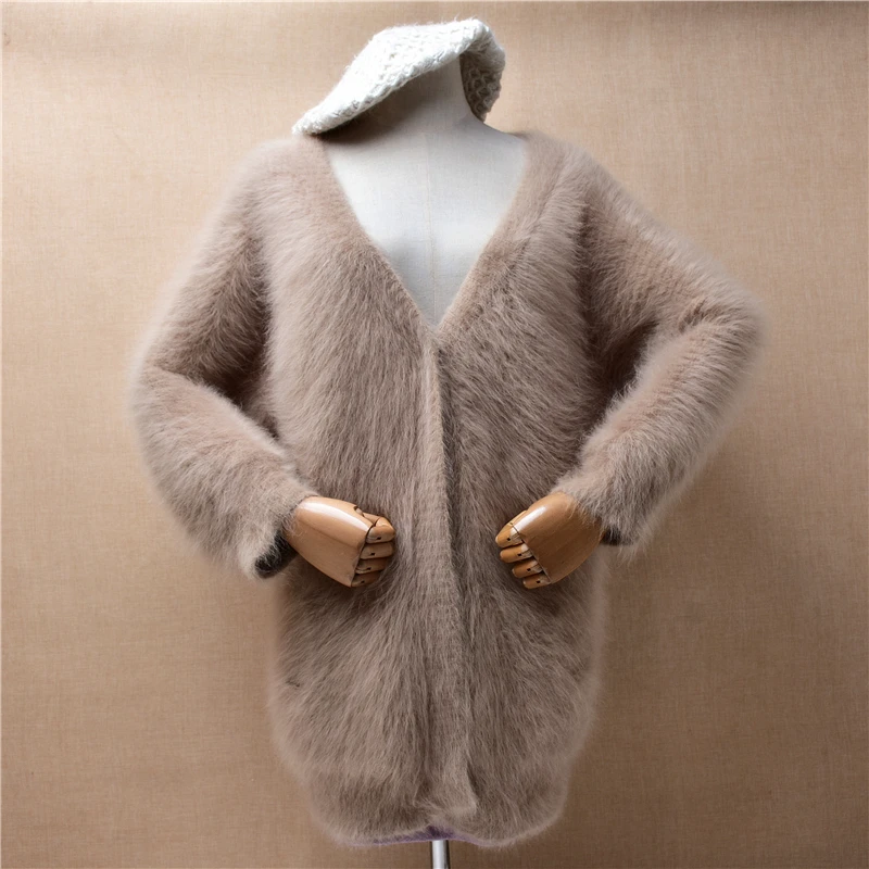 

Female Women Fall Winter Clothing Hairy Mink Cashmere Knitted Long Batwing Sleeves V-Neck Loose Angora Cardigans Sweater Jacket