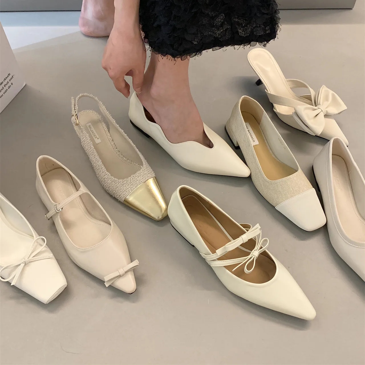 

Bailamos 2023 New Women Slipper Fashion Bow-knot Shallow Slip On Flats Mules Shoes Thin High Heel Ladies Elegant Sandals Ballet
