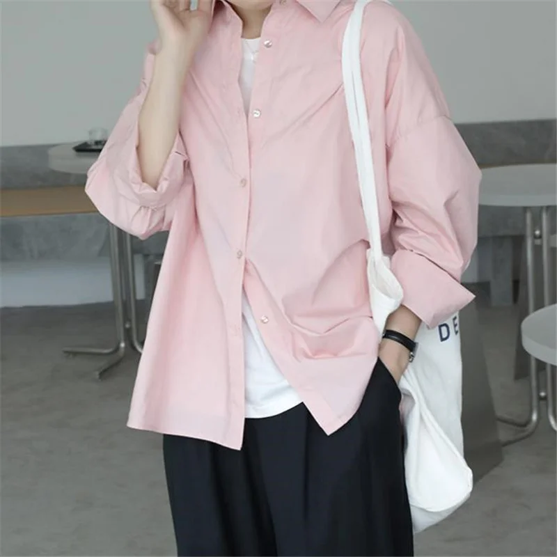 

Korean Fashion Casual Loose Solid Simple Blouse Autumn White Blue Long Sleeve Shirt Women Tops Long Sleeve New Clothes 24119