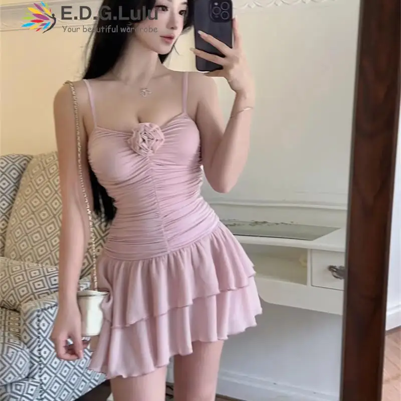 

EDGLuLu Spaghetti Strap V Neck Flower Summer Dress Women 2023 Backless Sexy Dress Elegant Cascade Ruffle Mini Mesh Dress 0220