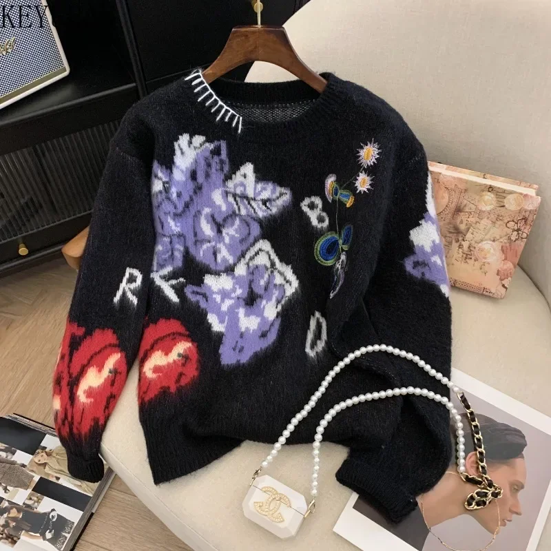 

Vintage Black Flower Jacquard Sweater Pullover Women 2024 New Autumn/Winter Chic O-Neck Long Sleeve Soft Knitwear Tops Jumper
