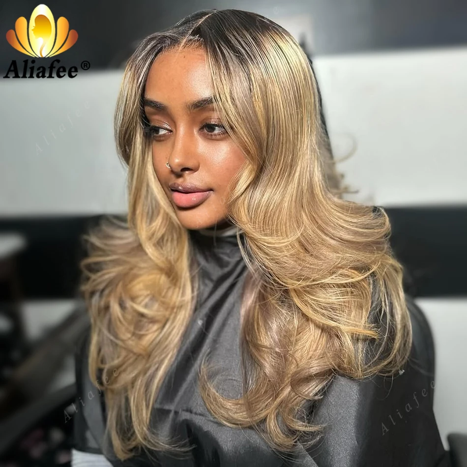 Фото Ombre 2 27 Dirty Blonde 13x6 Объемная волна Кружевные фронтальные парики Коричневые корни Ombre Blonde Предварительно выщипанные парики из 100% человеческих волос для женщин №3