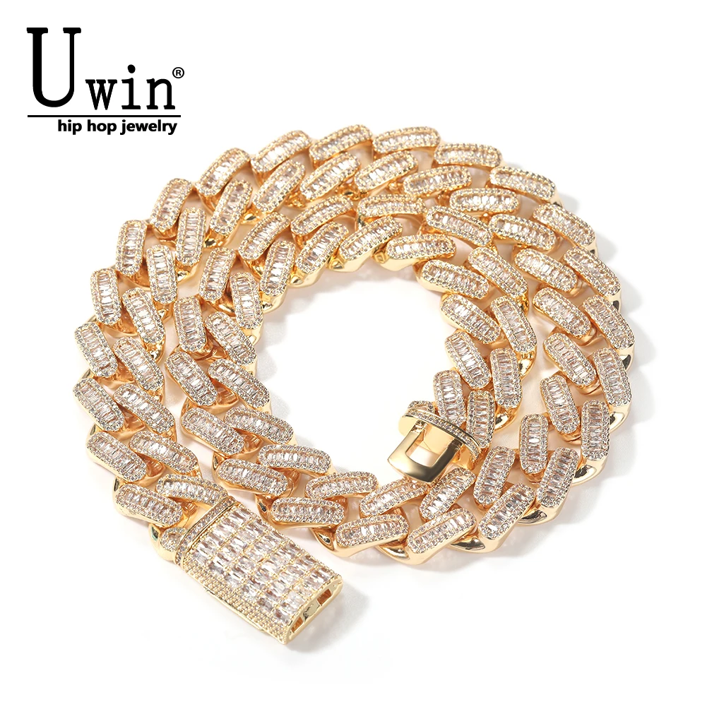 

Uwin Luxurious Square Cubic Zirconia Prong Setting Miami Choker 20mm Baguette Cuabn Chain Iced Out Chain Bling CZ Necklace