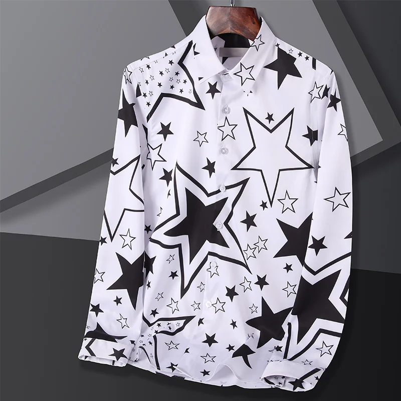 

TFETTERS Casual Shirts for Men Spring and Autumn Fashion Print Turn-Down Collar Shirts Slim Long Sleeve Business Social Shirts