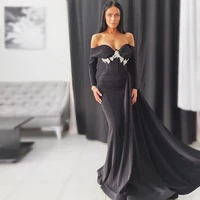 satin black evening dresses beading sweetheart long sleeve strapless mermaid formal sexy prom dress for women robes de soir%c3%a9e