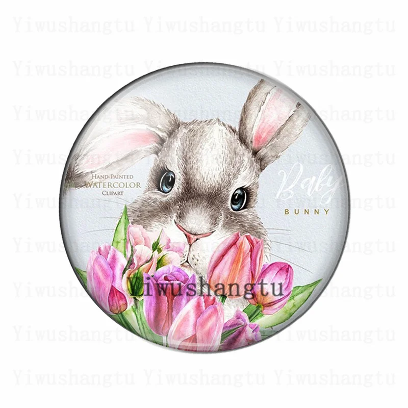 Стеклянные фотокабошоны &quotГолова кролика с цветами&quot круглые 10 штук