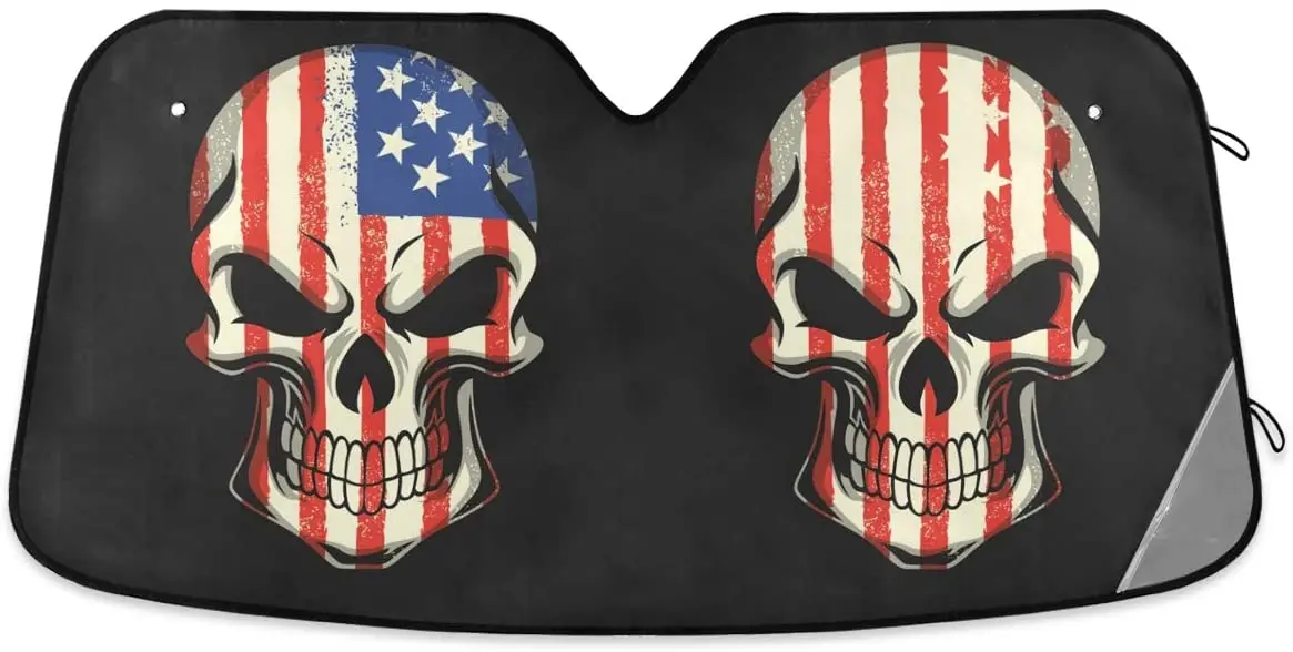 

American Flag Painted On Skull Car Windshield Sunshade Foldable Reflective Sun Shade Blocks UV Rays