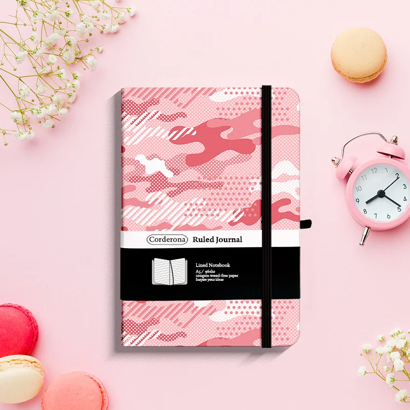 Pink Camouflage Lined Journal Elastic Band A5 100gsm Hard Cover Ruled Executive Notebook