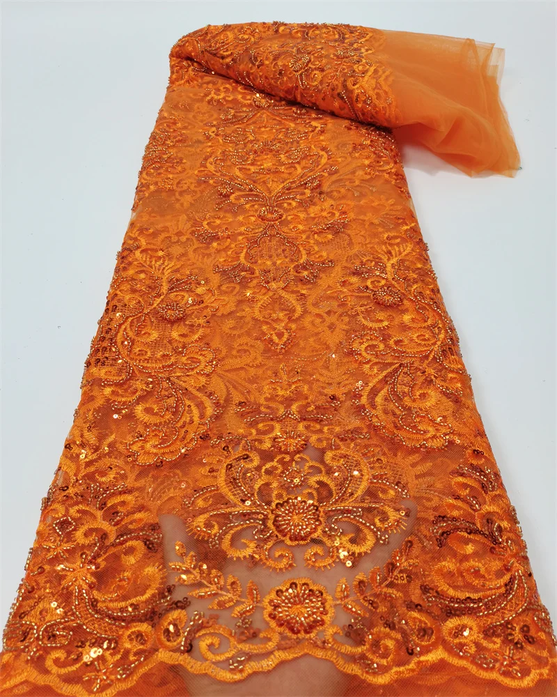 

Orange Africa Fashion High Quality Handmade Sequins Lace Luxury Beaded Tulle Lace Fabric French For Women Wedding Party Material