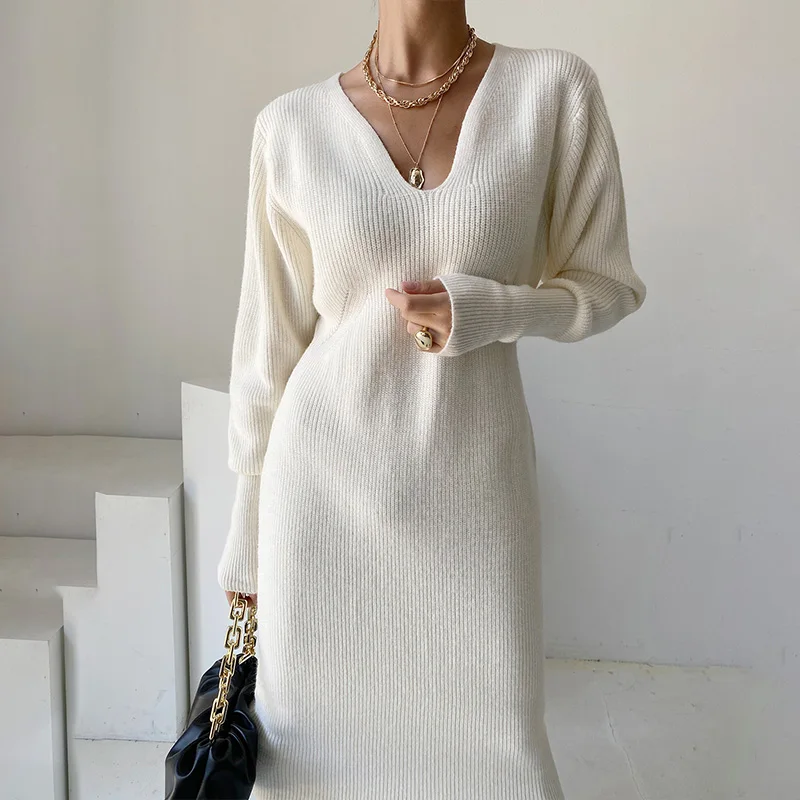 

2021 Knitted Bodycon Midi Dress Women Long Sleeve V Neck Sweater Long Dress Slim Party Dress Autumn Winter Vestidos