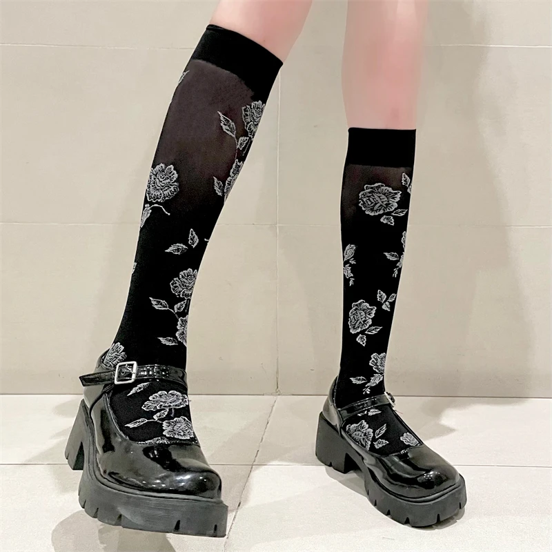 

Японские Модные женские чулки с розами, жаккардовые винтажные Гольфы JK Lolita, милые бархатные длинные носки для девочек, чулки для женщин
