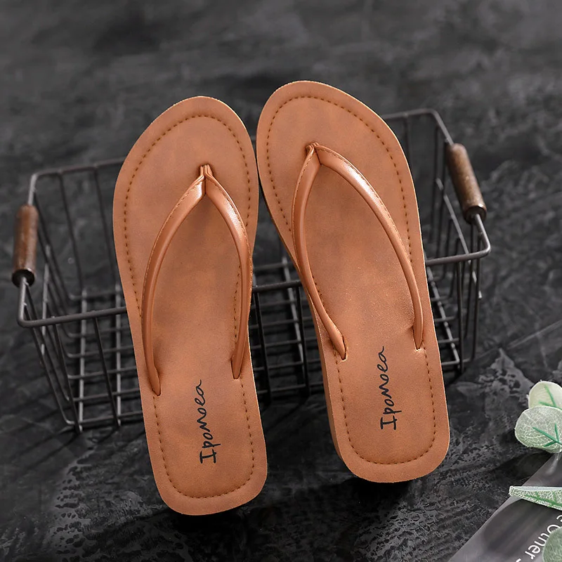 Thick-soled high-heeled beach flip-flops home indoor women's slippers leisure outdoor slide summer shoes soft-soled shoes
