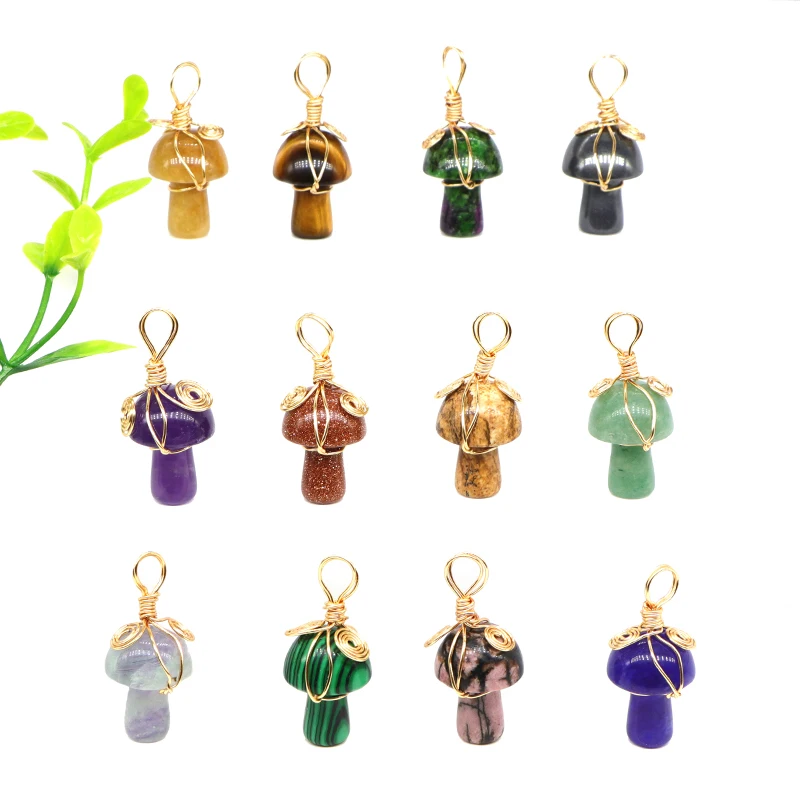 

Natural Gemstone Mushroom Wire Wrapped Pendant Crystal Fashion Jewelry Necklace Healing Stones and Crystals for Female Women