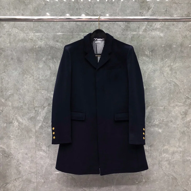 

TB THOM Jacket Autumn Winter Woolen Men's Jackets Fashion Brand Overcoats Long Single Breasted Back Wool Loose Navy TB Suit Coat