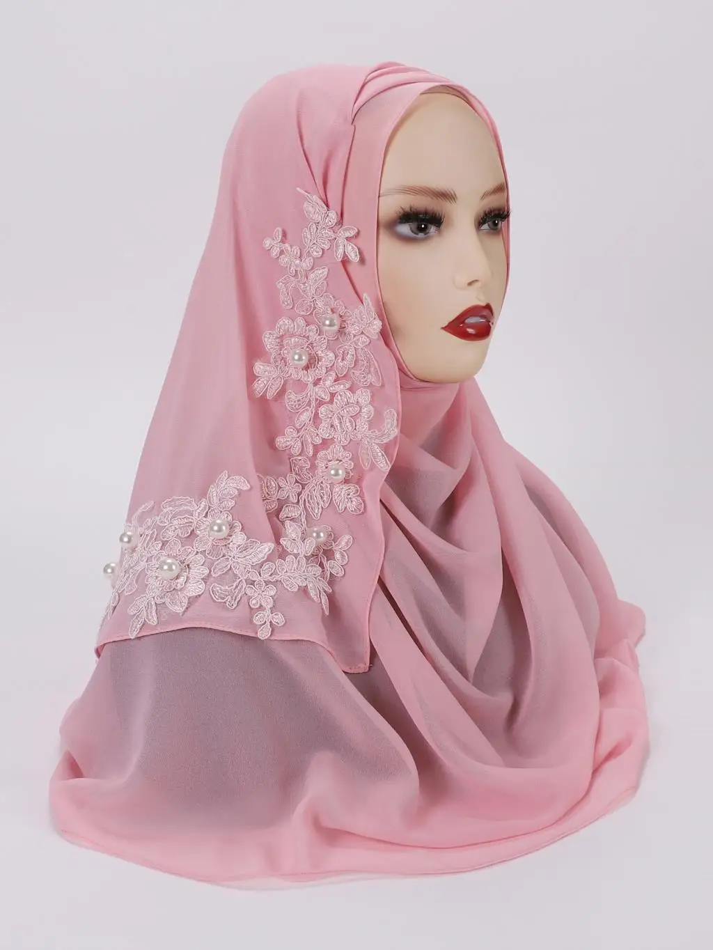 

Trendy Muslim Lace Hijab Bubble Chiffon Scarf Women Solid Color Shawls Hijabs Headband Islamic Headscarf Turban Foulard