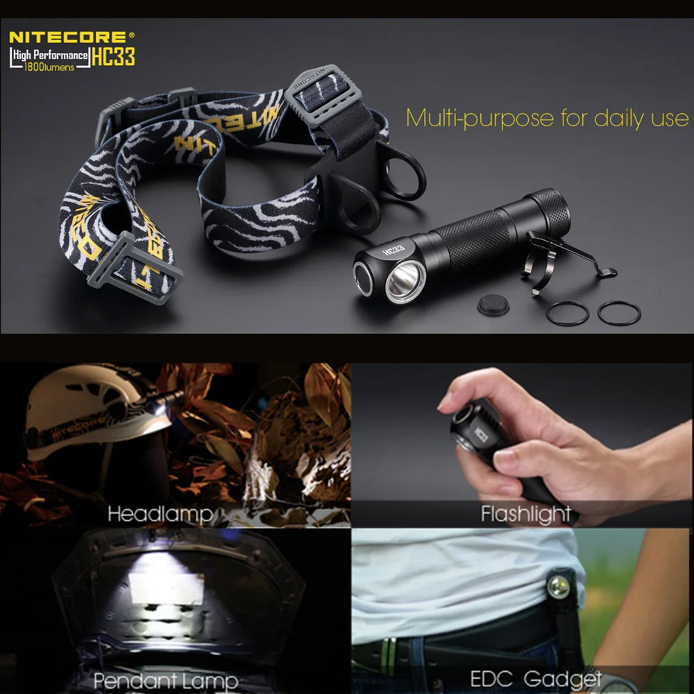 Портативный налобный фонарь NITECORE HC33 XHP35 HD LED max 1800 люмен 187 метра 8 режимов работы