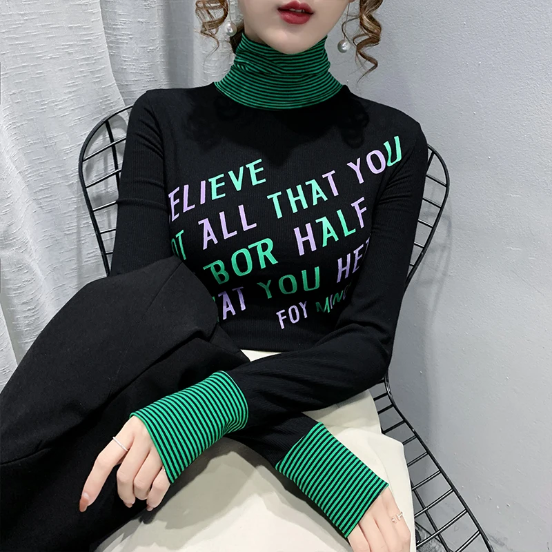 

letter high collar bottoming shirt women's autumn and winter 2022 new built-in T-shirt slim fit stitching striped long sleeve