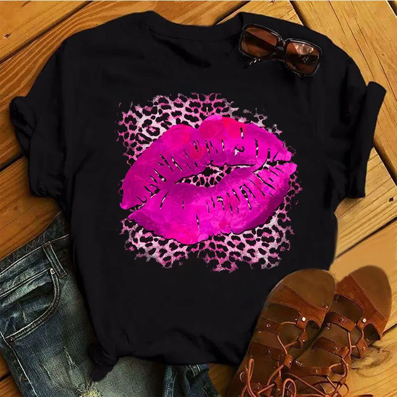 

Повседневный розовый женский топ с леопардовым принтом, новинка, Женская Сексуальная футболка с принтом губ, женский модный топ