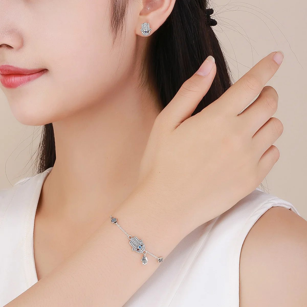 BAMOER 925 пробы серебряный браслет Fatima ручная счастливая цепь с синим Злым Глазом