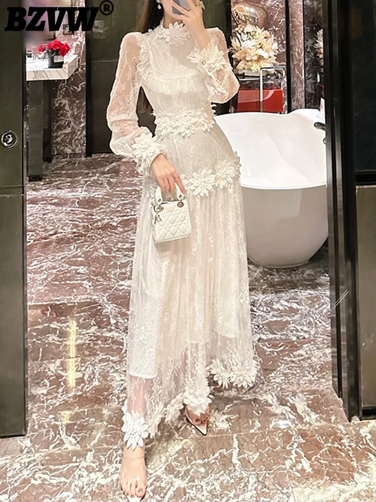 

Длинные платья BZVW с трехмерным цветочным рисунком, сетчатые платья для женщин, роскошное эксклюзивное темпераментное Деловое платье для женщин, новинка 2023