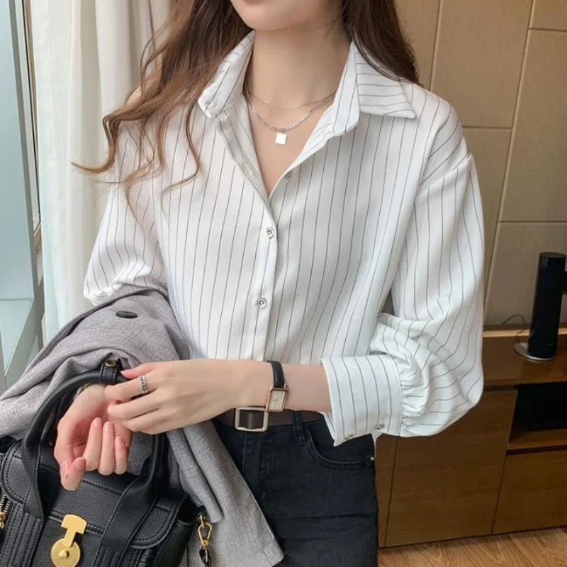 Autumn Single-breasted Top Women Retro Long Sleeve Loose White Striped Shirt Camisas De Mujer Tops Mujer