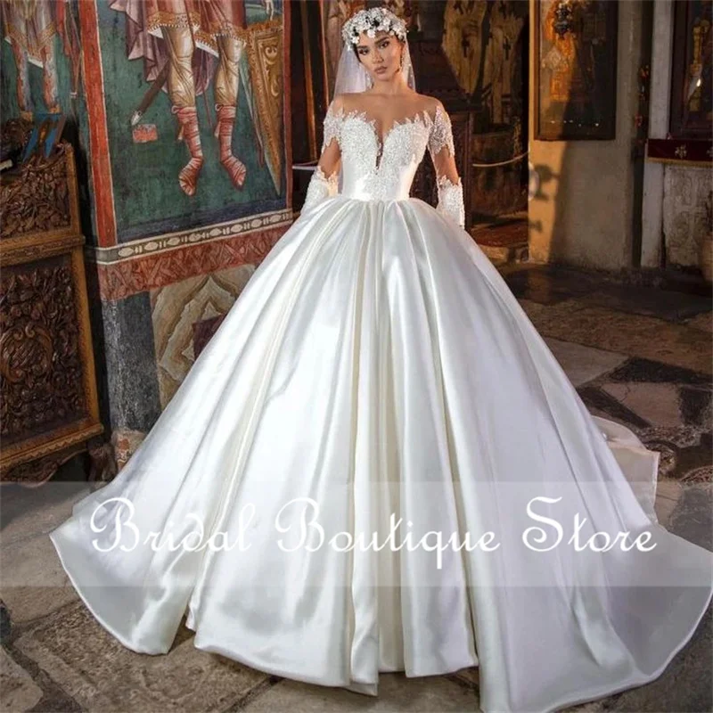 

Robe De Mariee A-line Wedding Dress Luxury Sheer Neck Veil Beads Crystal Pearls Vestido De Noiva Bridal Gown Court Train