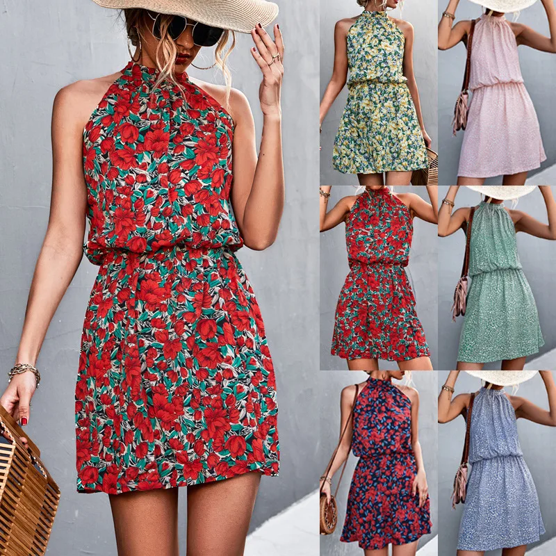 

Summer Women Dress Floral Halter Short Skirt Holiday Beach Mini Sundress Ladies Tank Dress 2022 New High Quailty Women Skirt