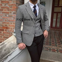 mens suit slim houndstooth wool single breasted blazers set elegant wedding groomsmen 3 piece jacket vest black pants