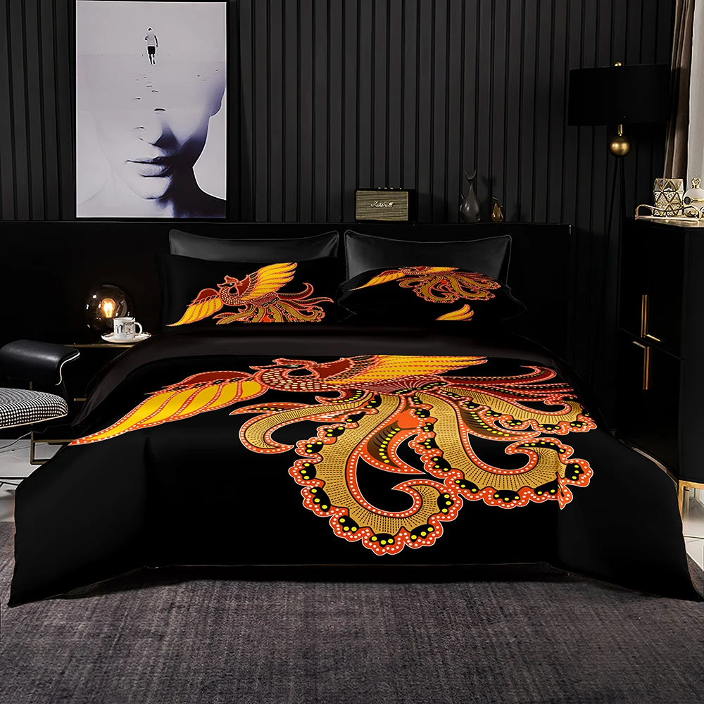 

Mythical Animal Bedding Set 2/3pcs,Bright Orange with Red Hook Duvet Cover,1-2 Pillowcase for Vintage Queen King with Quality