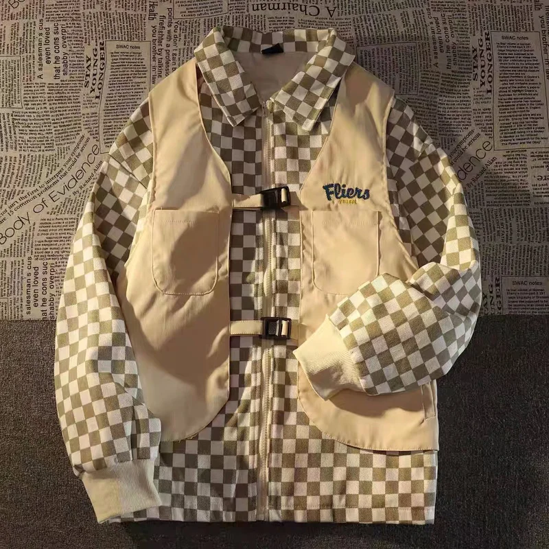 

Checkerboard Fake Two-piece Jacket Women's Spring New Street Hip-hop Loose Neutral Long-sleeved Patchwork Vest Thin Coat Female