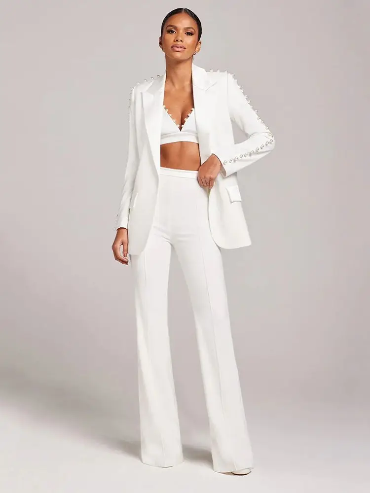 

Женский модельный Дизайнерский Костюм, белый костюм знаменитости с V-образным вырезом и бисером, костюм на одной пуговице с расклешенными брюками, новинка 2023