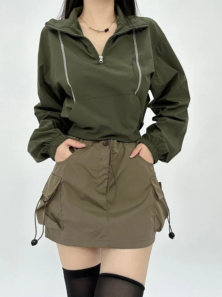 

TVVOVVIN 2023 New Half Zippered Pocket Loose Fitting Sweater For Women Open Line Fashion Stand Collar Jacket Short Top G5E3