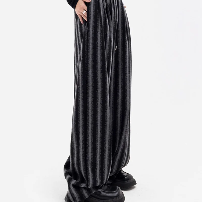 Striped Drawstring Casual Pants Women's Spring and Autumn High Waist Draping Wide-Leg Pants Straight Loose Slimming Pants Mop Pa