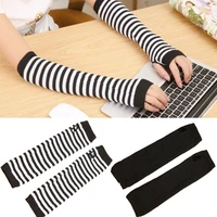 1pair fashion striped elbow gloves women sun protection warmer knitted long fingerless gloves unisex mittens arm sleeve
