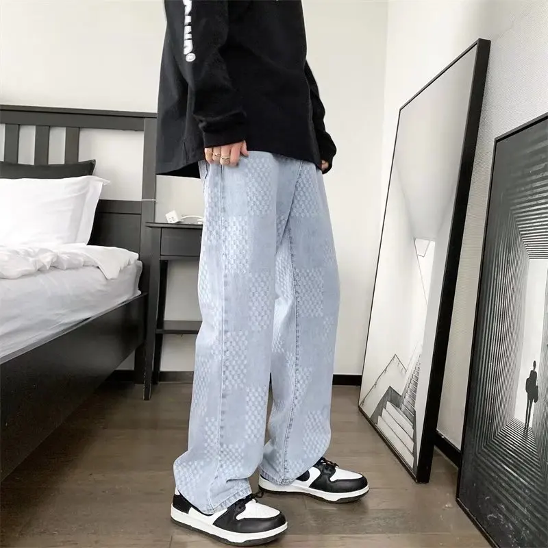 Mens Printed Jeans 2023 New Light Blue Straight Lift Pattern Loose High Street Casual Boyfriend Pants