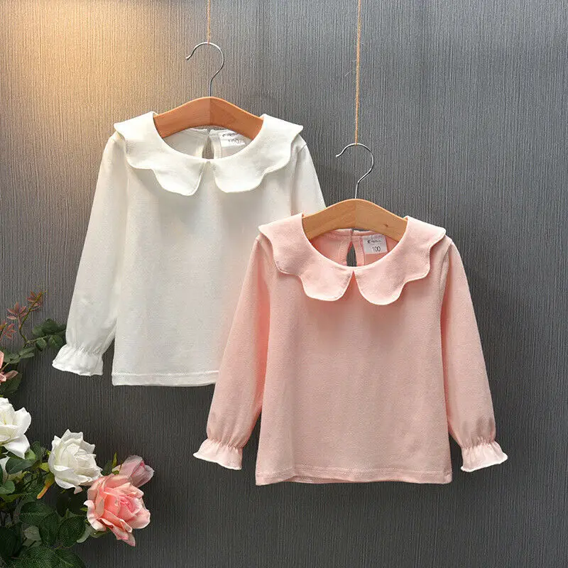 Flower Neck Blouse Autumn Fashion Baby Kids Girls Pullover Long Sleeve Cotton Solid Top Ruffle Shirts Tee Top Clothes Camisas