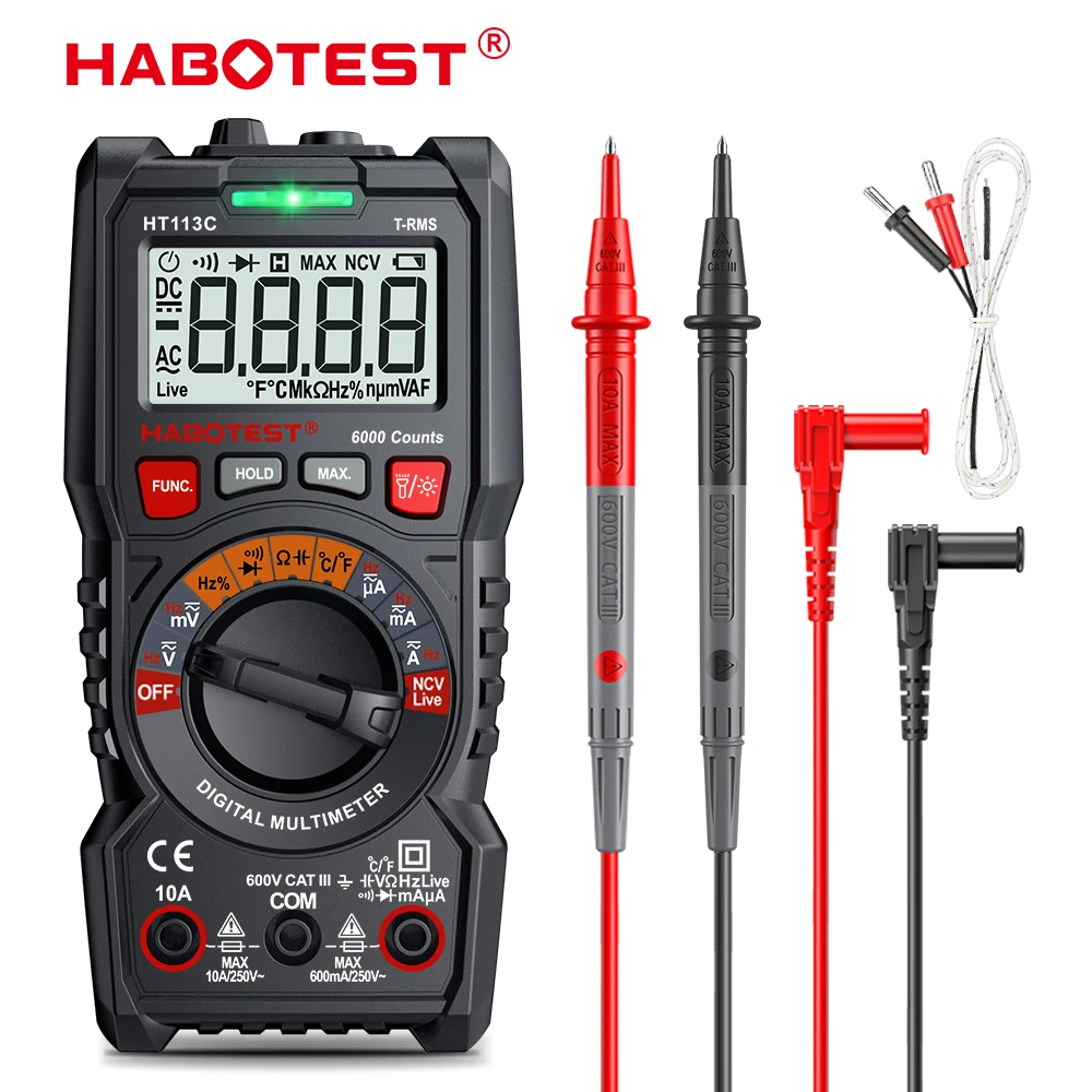 

Цифровой мультиметр HABOTEST HT113C, истинное среднеквадратичное значение, Автоматический диапазон, 6000 отсчетов, мультиметр 600 В, 10 А, Ом, Гц, Бескон...