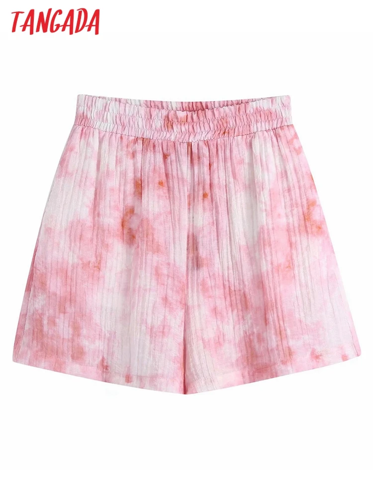 

Tangada Women Elegant Tie Dyed Shorts Strethy Waist Pockets Female Retro Basic Casual Shorts Pantalones BE631