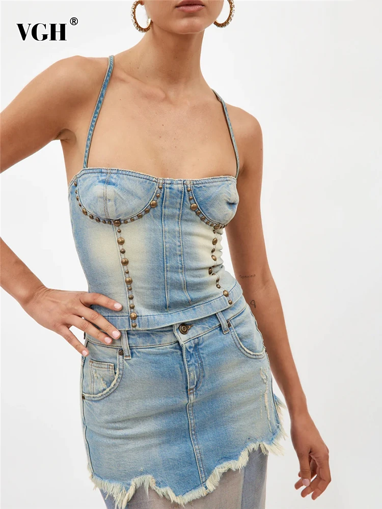 

VGH Sexy Denim Tank Tops For Women Square Collar Sleeveless Patchwork Rivet Slimming Vest Female Fashion Style Clothes New 2023