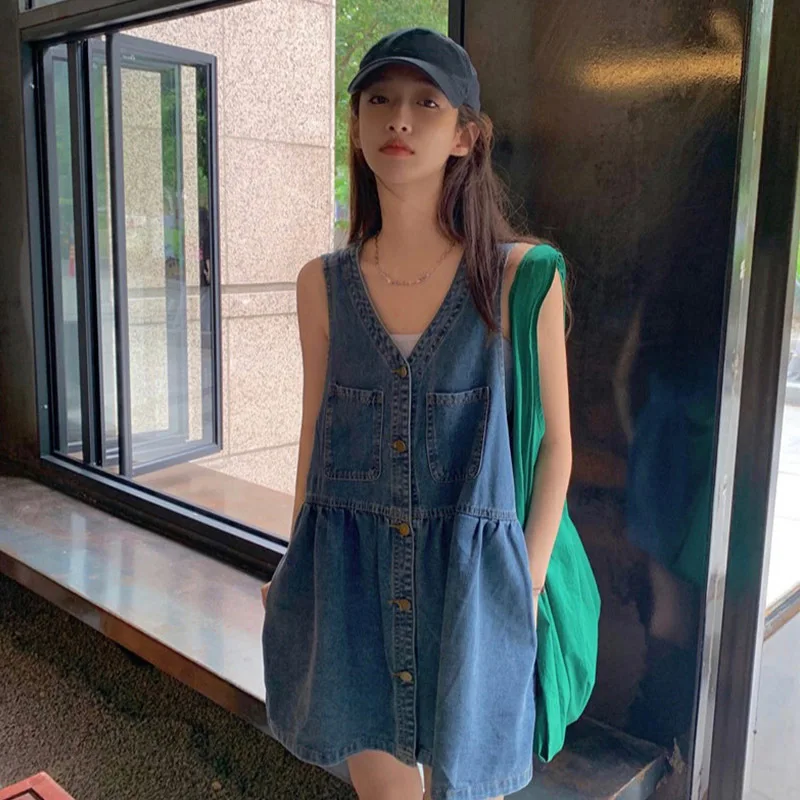 

Tank Sleeveless Denim Dress For Women Streetwear A-line Pleated Vintage Korean Fashion Mini Vest Dress Jean Casual Vestidos Robe