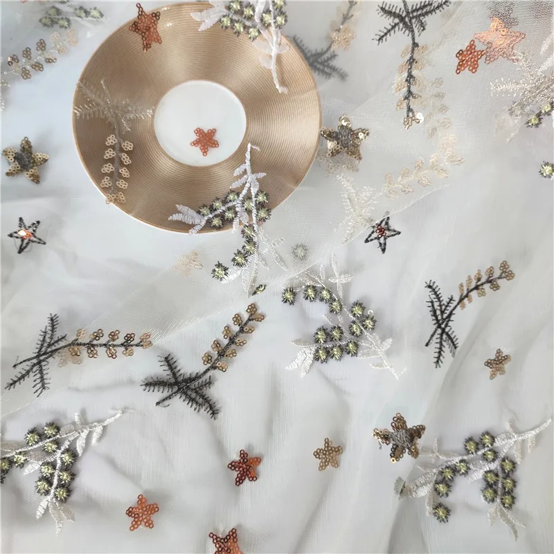 Mesh Sequin Floral Star Embroidered Lace Fabric for Dress Skirt Clothing By the Yard |