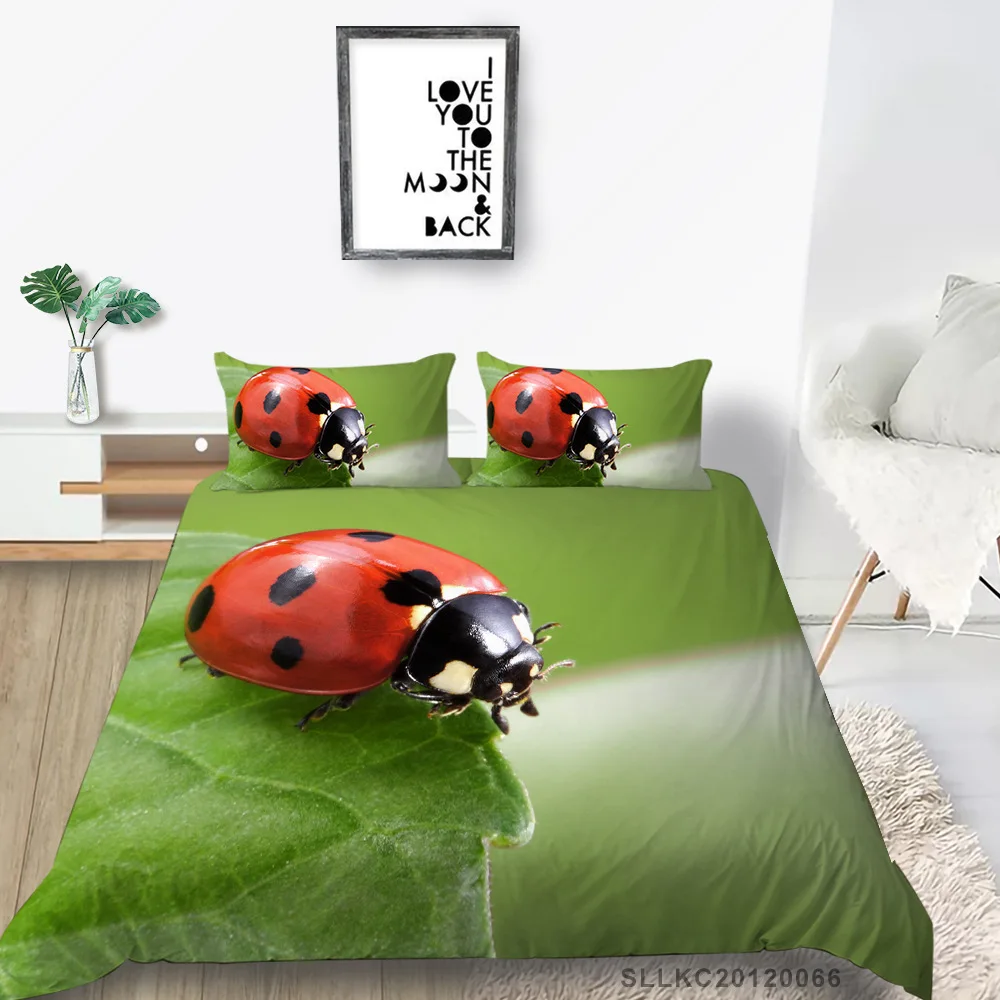 

Ladybugs Duvet Cover Set King/Queen Size Insect with Dotted Wings Swirls and Curves Pattern 2/3pcs Polyester Bedding Set Green