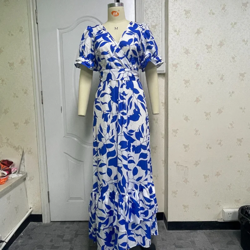 

Summer 2022 Women Short Sleeve Loose Vintage Printed Midi Dress New Ruffles V-Neck Fashion Tide Spring Vestidos