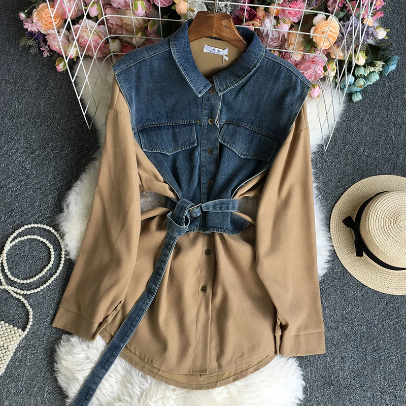 

Autumn Denim Patchwork Blouse for Women Khaki/Blue/Red/Pink/Black Elegant Vintage Long Sleeve Single Button with Belt Casual